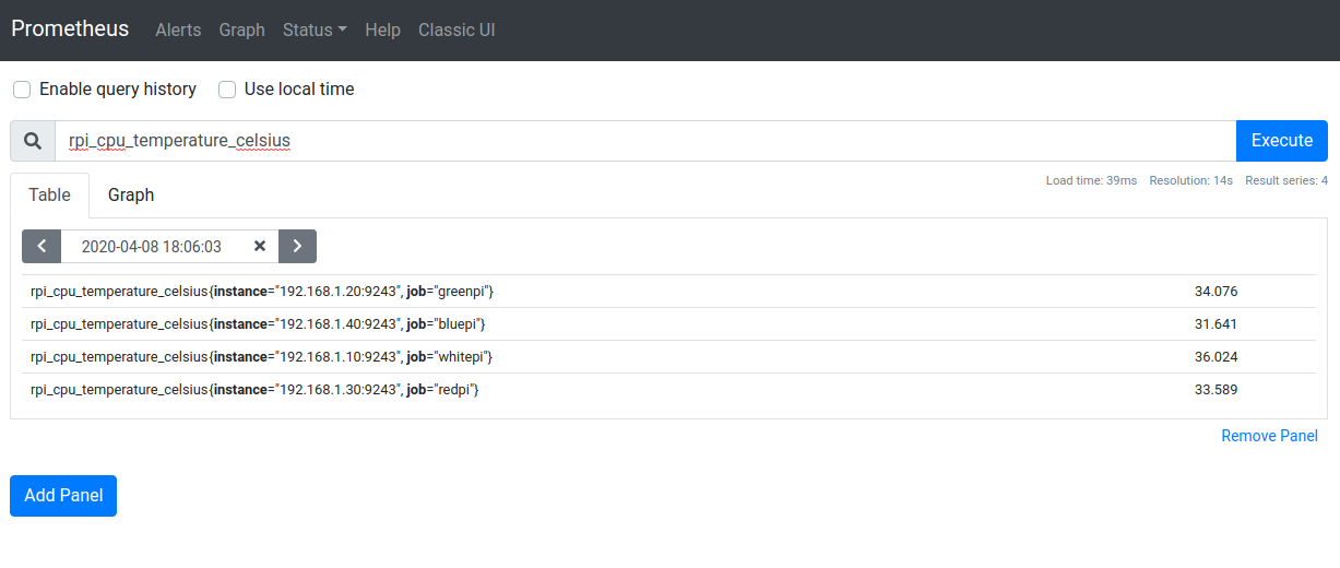 RPi exporter values displayed in the Prometheus web UI