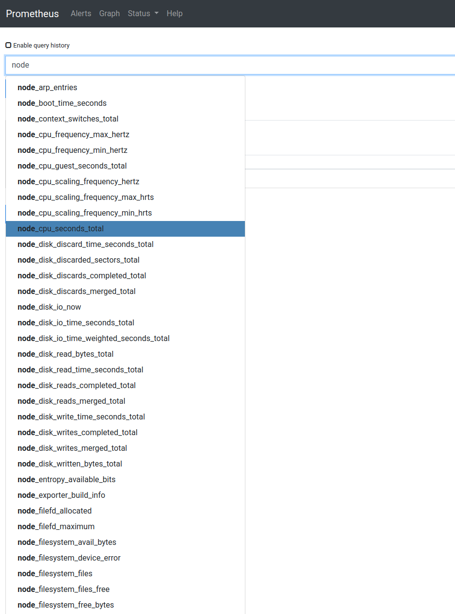 A drop down list of some of the available node exporter values displayed in the Prometheus web UI